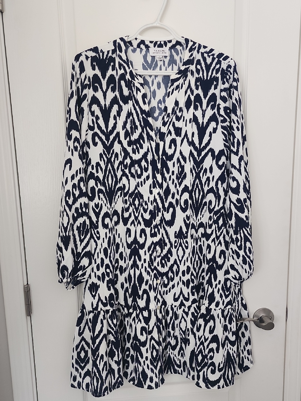 Tahari Navy & White Ikat Tiered Long Sleeve Dress